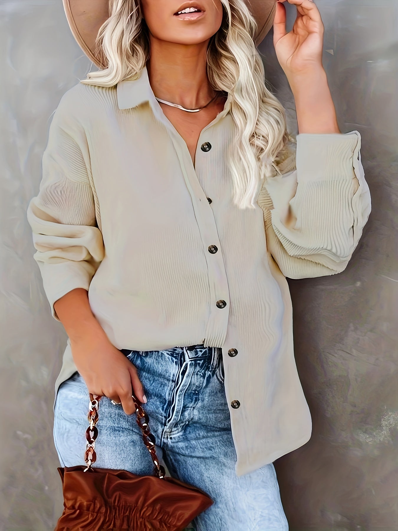  Corduroy Long Sleeve Button Up Collar Blouse