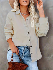  Corduroy Long Sleeve Button Up Collar Blouse