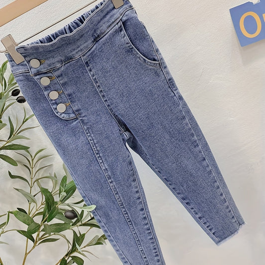 Kids Casual Tapered Jeans Elastic High Waist Slim Fit Denim Trousers
