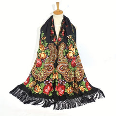 Flower Print Tassel Scarf Vintage Windproof Shawl Women