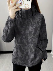 Camo Long Sleeves Outdoor Jacket Waterproof Zip Pockets Hood Women's Coat