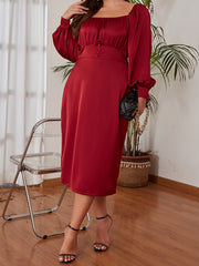  Satin Lantern Sleeve Midi Dress