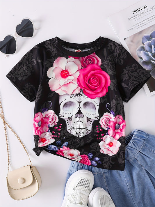 Floral Skull Print Girls Creative T-shirt Lightweight Short Sleeve Tee