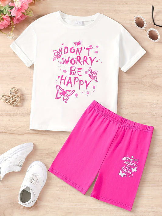 2pcs Girls Letter & Butterfly Graphic T Shirt & Shorts Set Summer Clothes