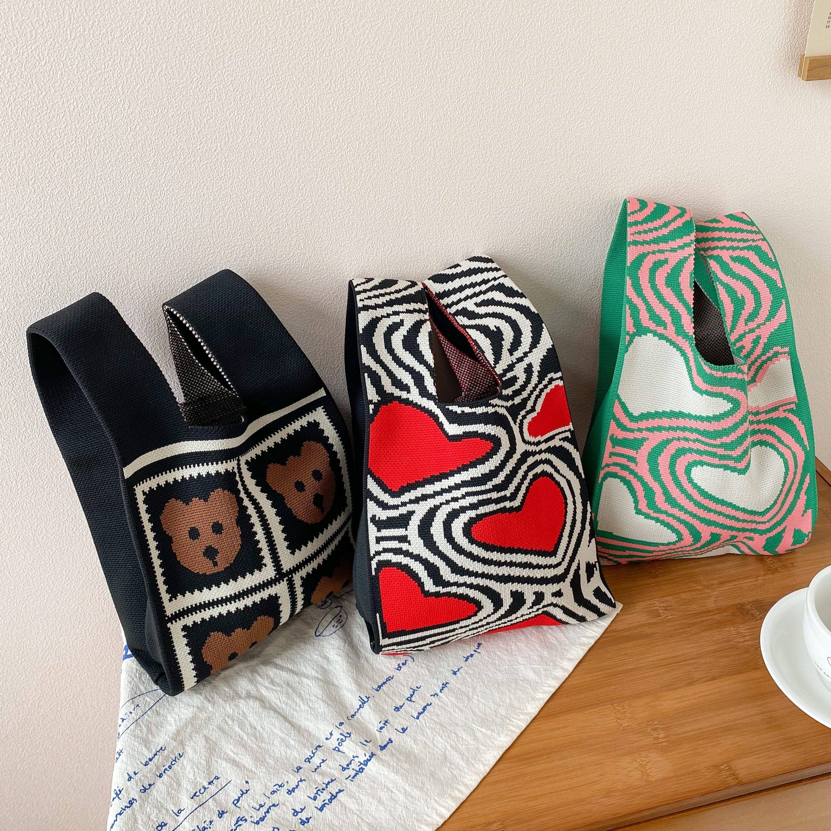 Heart Pattern Crochet Bag Colorblock Handbag for Women