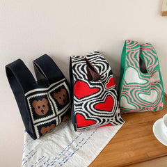 Heart Pattern Crochet Bag Colorblock Handbag for Women