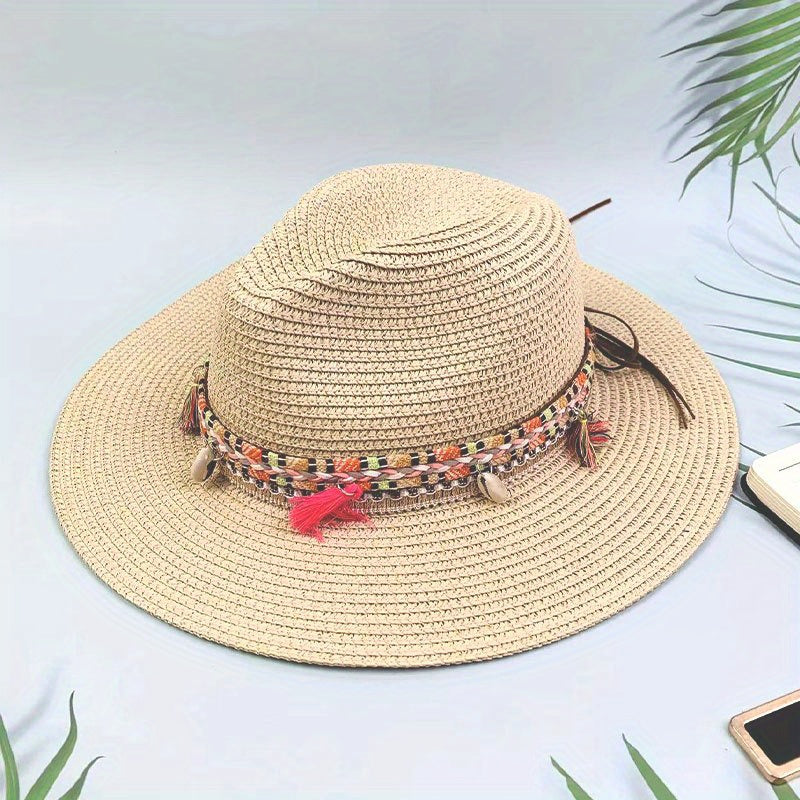 Men's Paper Straw Hat Elegant Flat Brim Sun Hat Beach Jazz Hat