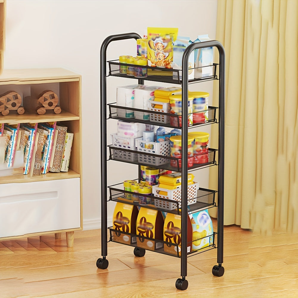 Iron Storage Rack With Wheels Bookshelf Movable Small Cart Storage Shelf