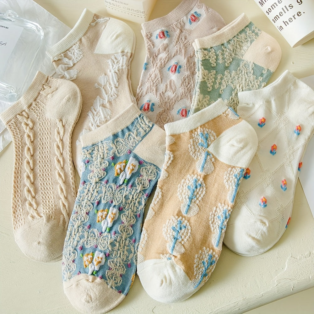 7 Pairs Floral Print Low Cut Ankle Socks Women Stockings