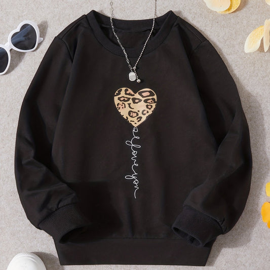 Girls Leopard Heart Letter Print Pullover Sweatshirt Crew Neck Tops