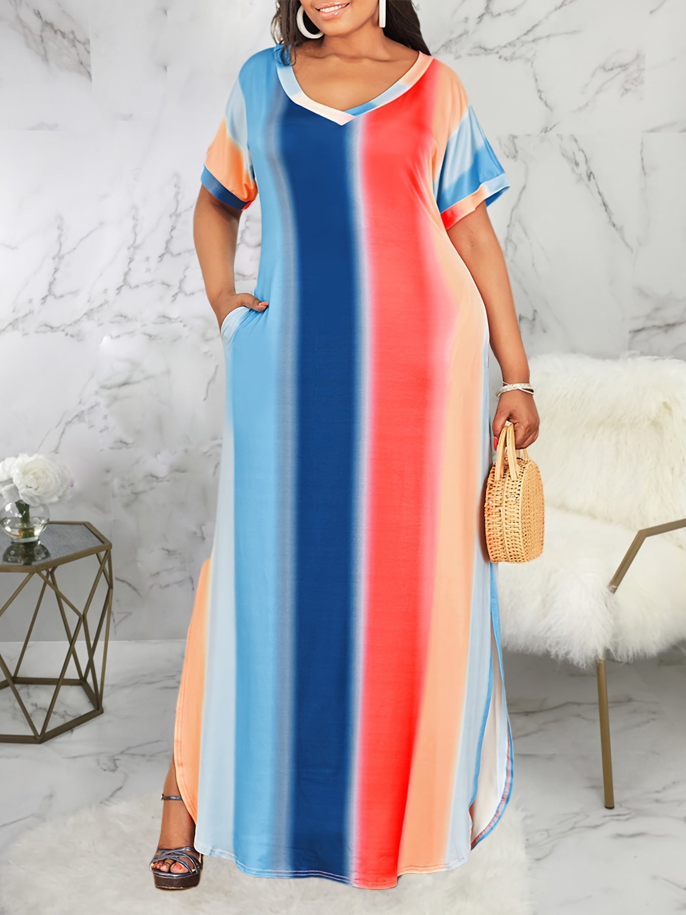  Tie Dye V-Neck Maxi Dress With Pocket Medium Stretch
