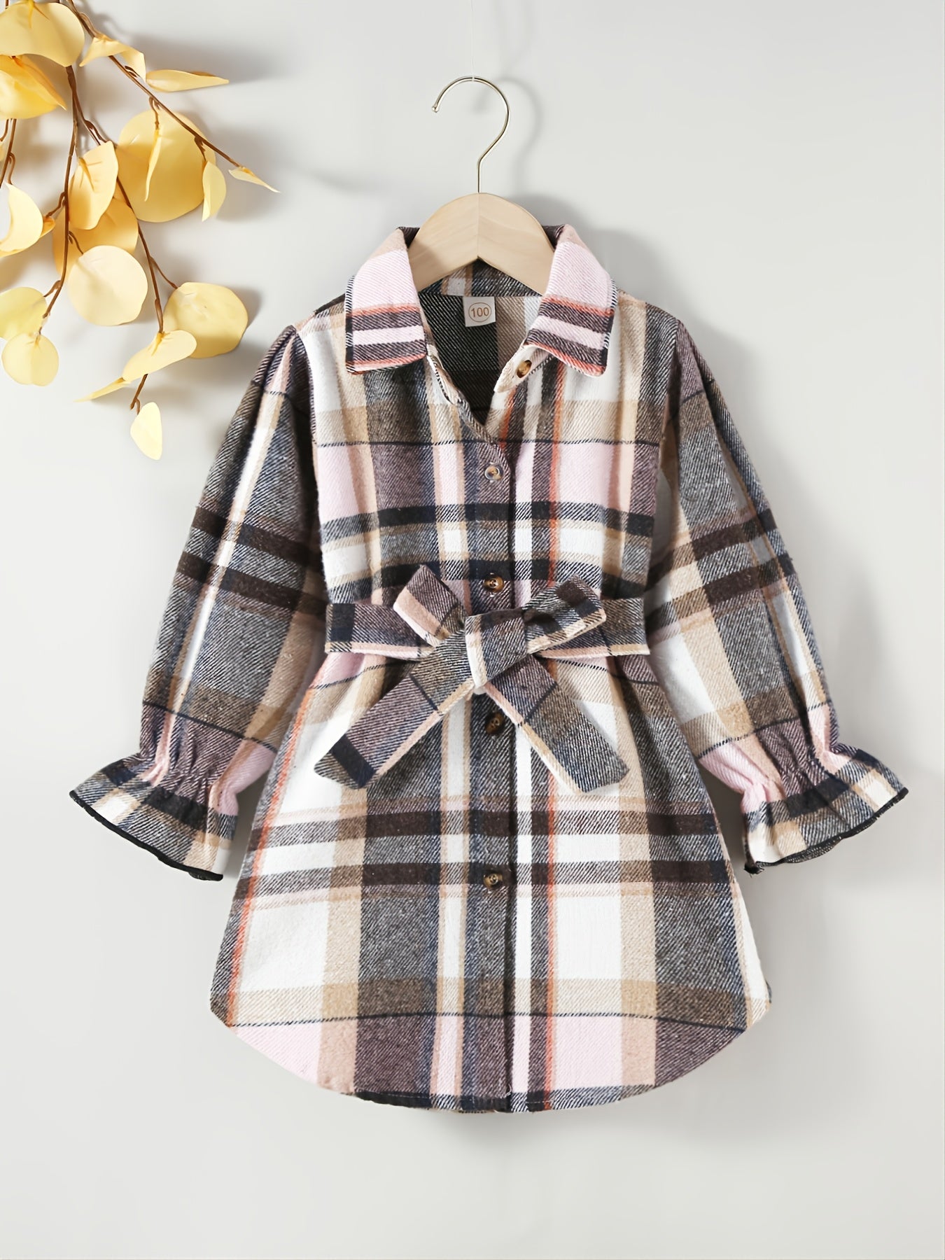 Girls Plaid Button Down Jacket with Belt