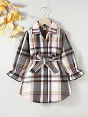 Girls Plaid Button Down Jacket with Belt