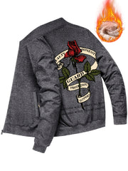 Men's Rose Print Fleece Zip Up Jacket Thermal Outerwear For Winter