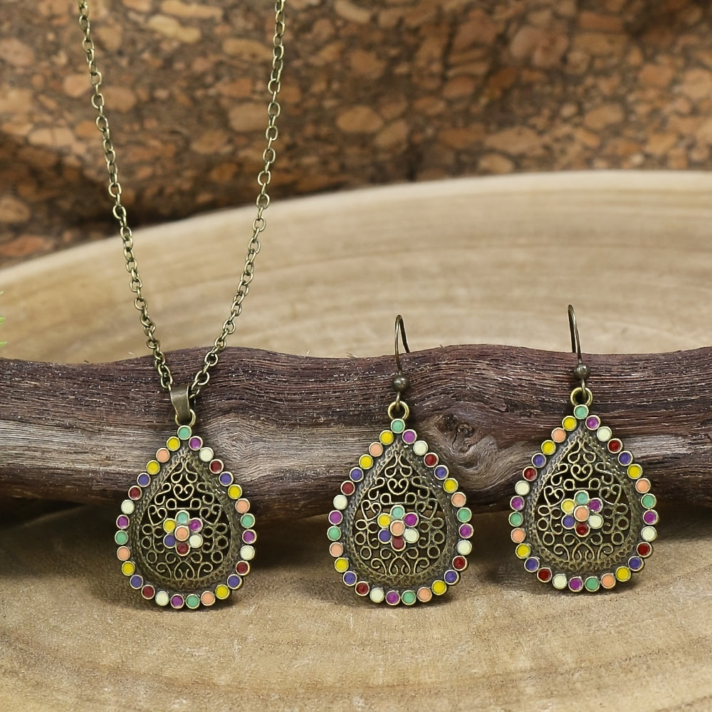 Vintage Antique Bronze Floral Beaded Earrings Necklace Set