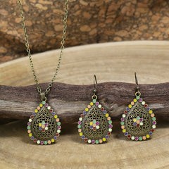 Vintage Antique Bronze Floral Beaded Earrings Necklace Set