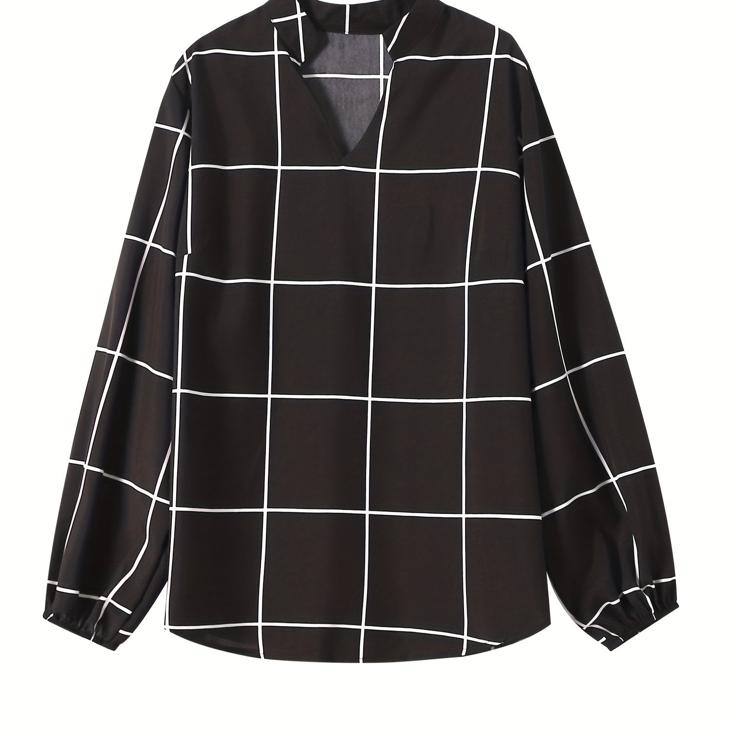 Grid Print Long Sleeve Blouse