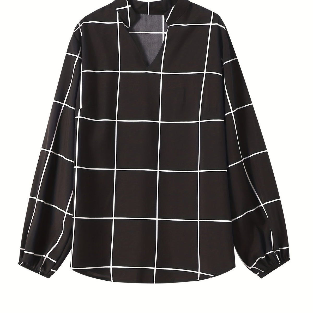  Grid Print Long Sleeve Blouse
