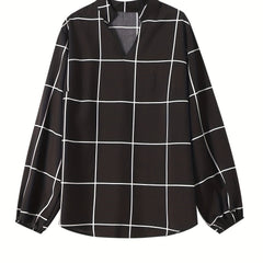  Grid Print Long Sleeve Blouse