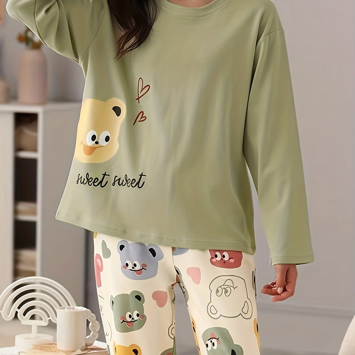 Bear Print Pajama Set Long Sleeve Top & Pants Women's Sleepwear