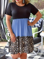  Colorblock Leopard Print Round Neck Short Sleeve Dress