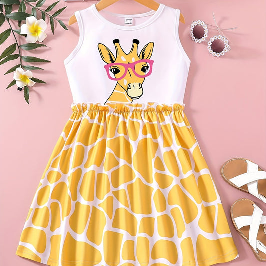 Girls Summer Floral Printing Dress Sleeveless Cartoon Giraffe Print 1-6 Yrs