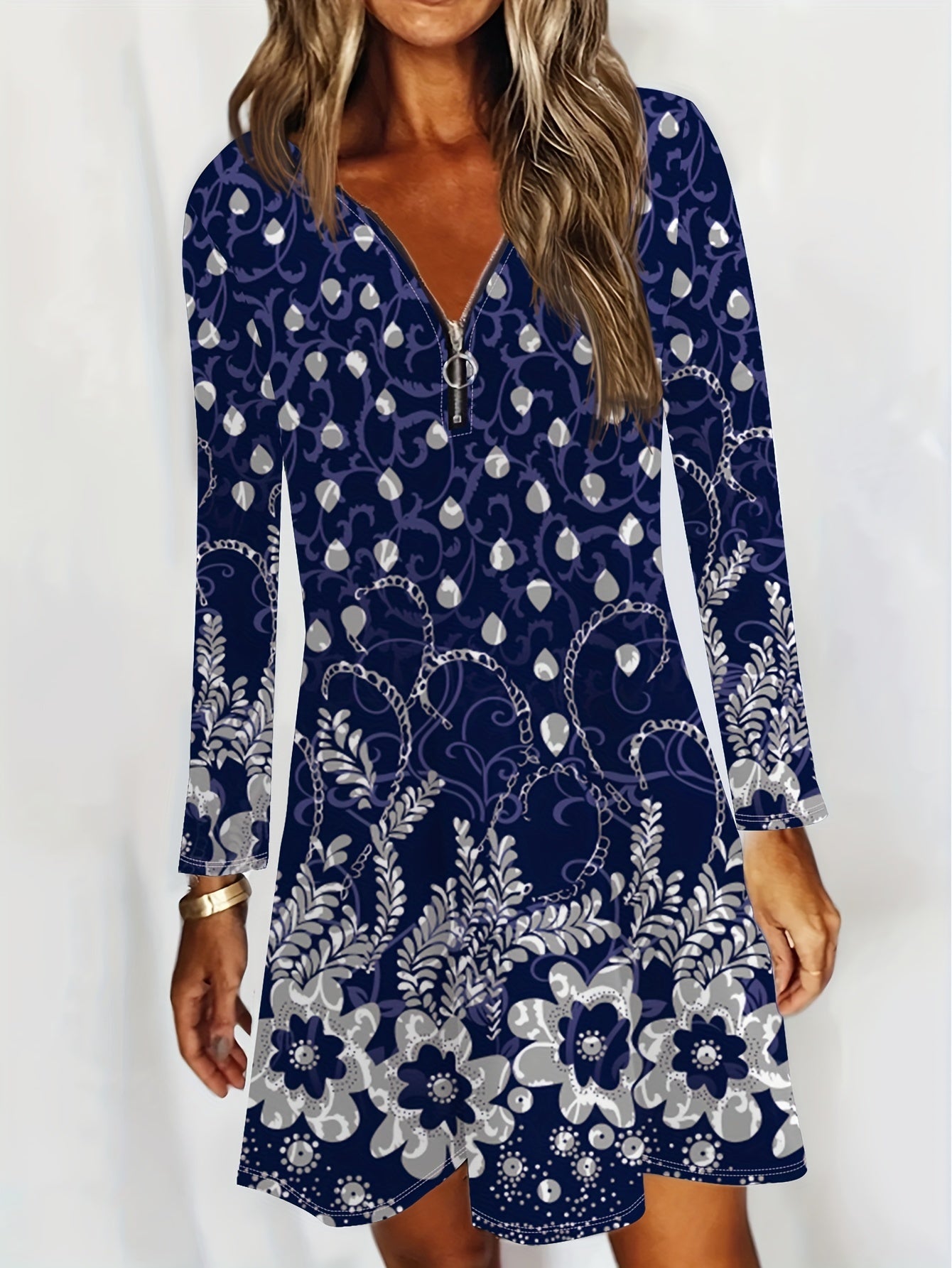  Floral Print Half Zipper Long Sleeve Round Neck A-line Dress