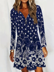  Floral Print Half Zipper Long Sleeve Round Neck A-line Dress