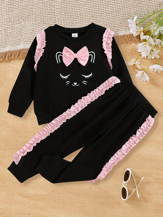 Girls 2pcs Cat Print Sweatshirt & Sweatpants Set