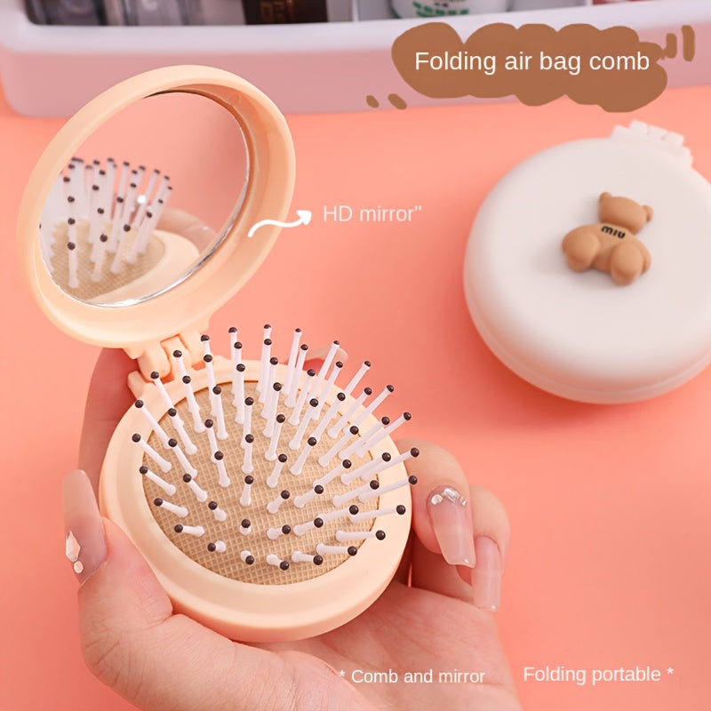Cartoon Bear Decor Hairbrush Mirror Round Portable Comb