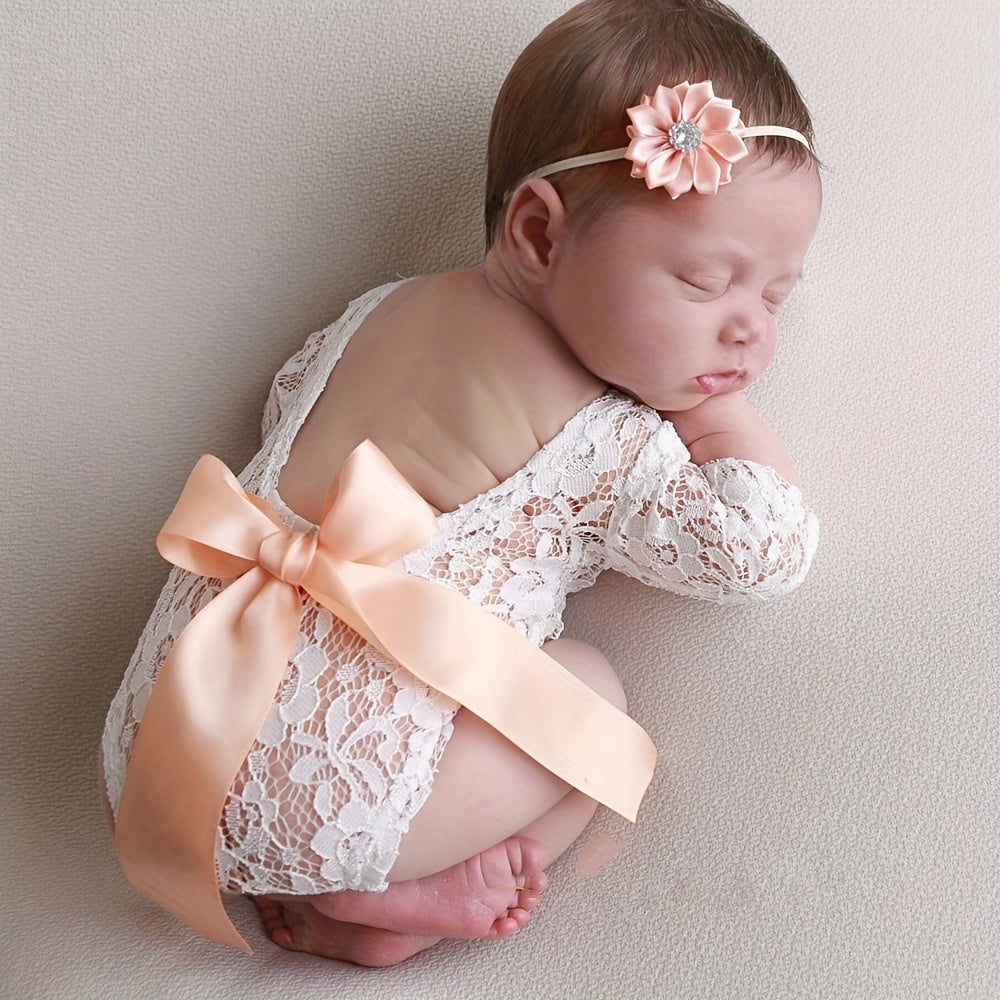2PC Bowknot Headband Lace Jumpsuit Photography Suit 0-3 Months