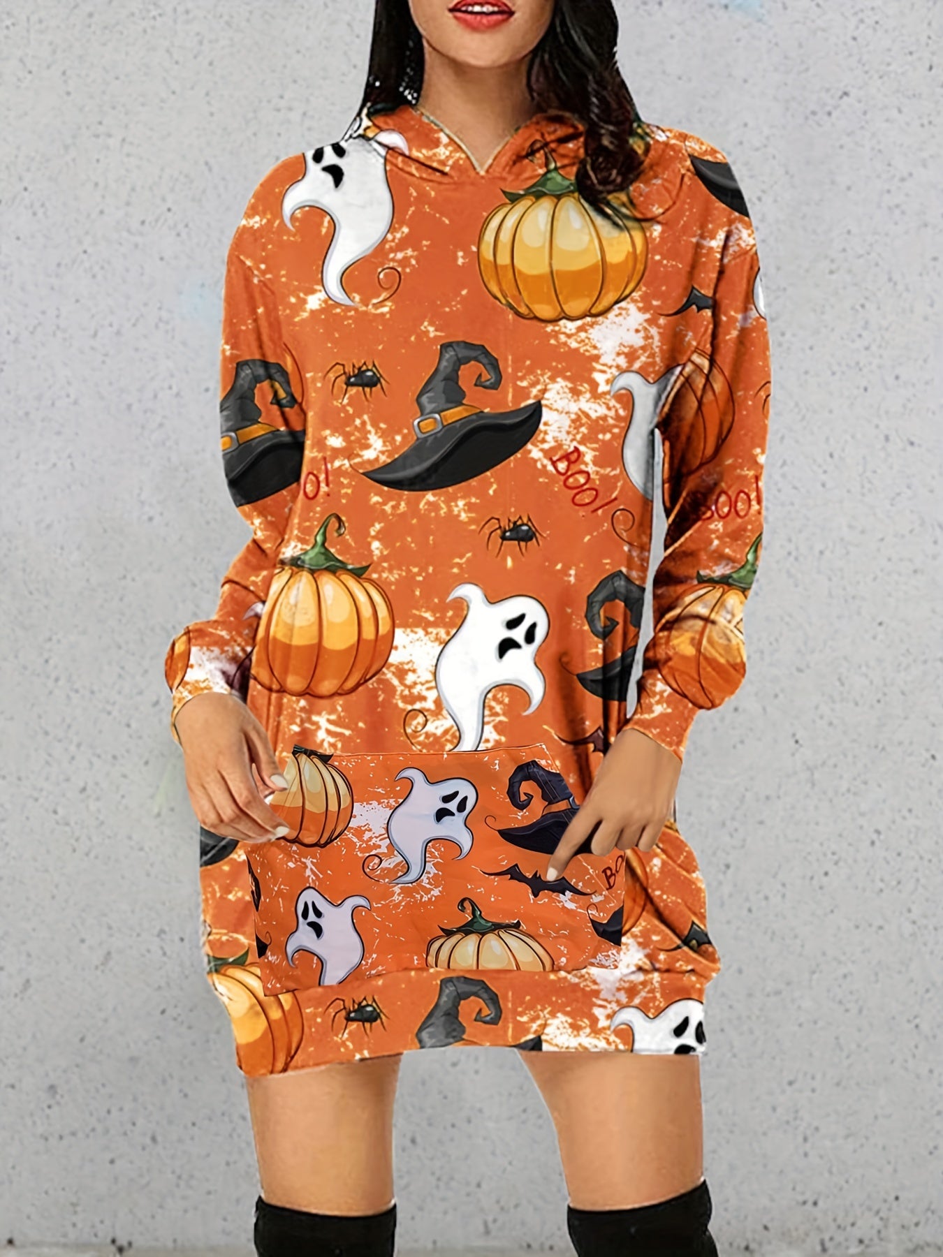  Pumpkin & Ghost Print Hooded Dress