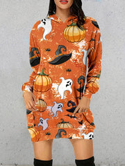  Pumpkin & Ghost Print Hooded Dress