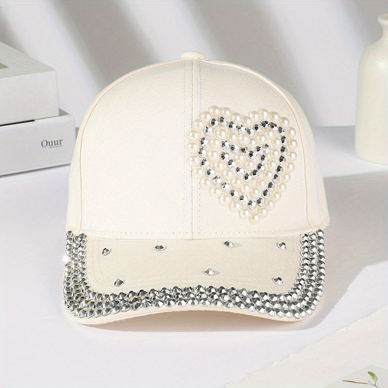 Pearl Rhinestone Baseball Cap Beige Sunshade Dad Hat For Women
