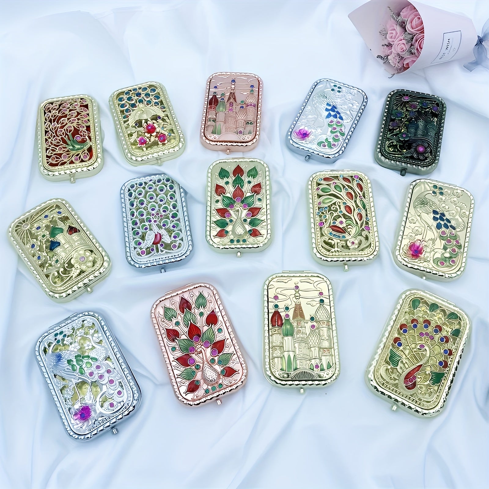 Vintage Peacock Vanity Mirror Compact Magnifying Glass Rhinestones Metal