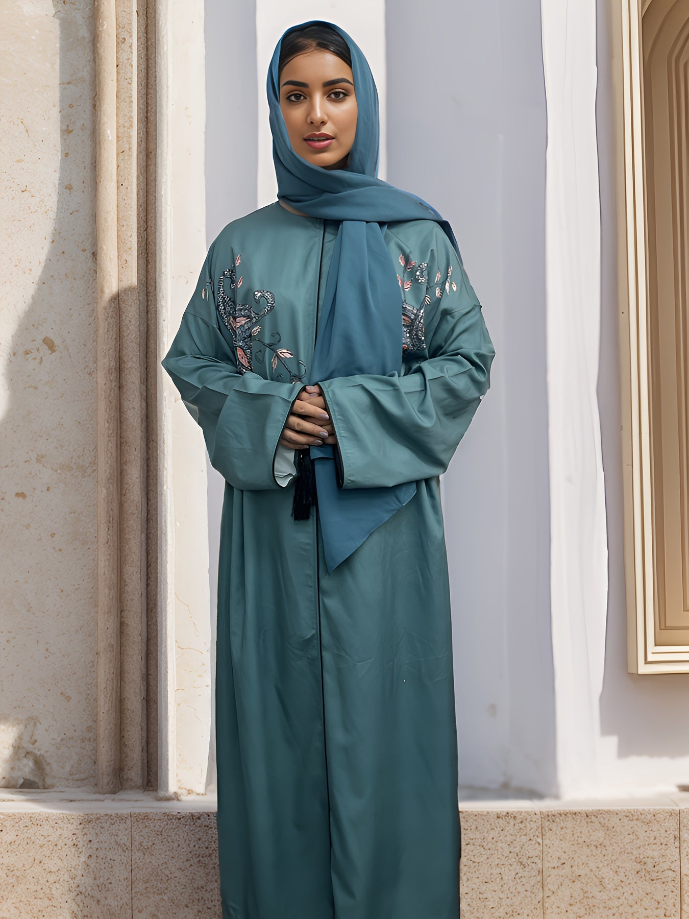 Floral Embroidery Plus Size Casual Jalabiya Dress