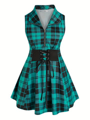  Punk Tank Top Plaid Print Zipper Lace Up Stretch Peplum Tank