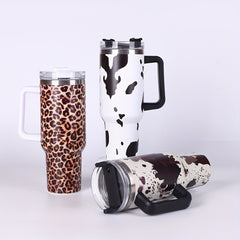 40oz Insulated Tumbler Leopard/Cow Print Stainless Steel Handle Straw Lid