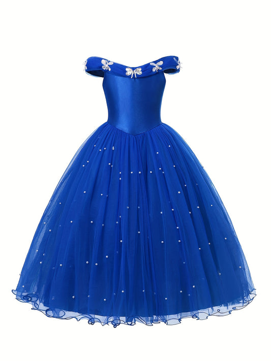 Girls Off Shoulder Tulle Princess Dress with Artificial Diamond and Pearl Decor