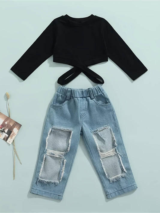 Girls Cropped Top & Ripped Denim Pants Set for Autumn/Spring