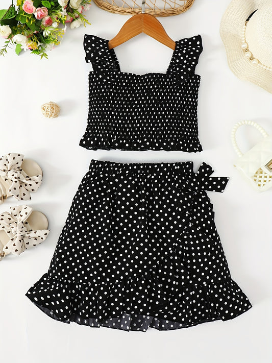 Girls' 2 Piece Outfit Shirred Crop Top & Frilled Mini Skirt Set