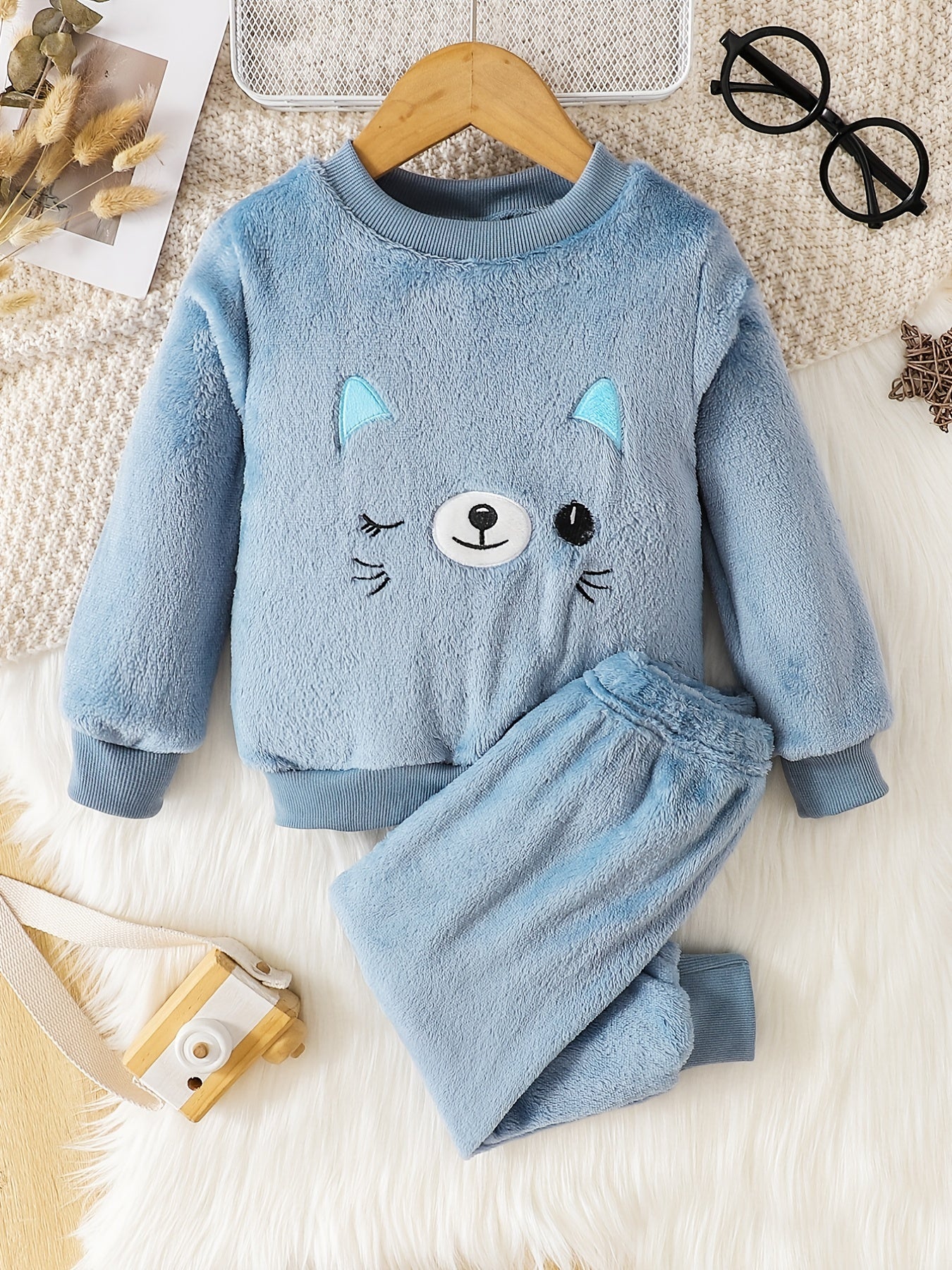 Cartoon Cat Long Sleeve Warm Fleece Pajama Set