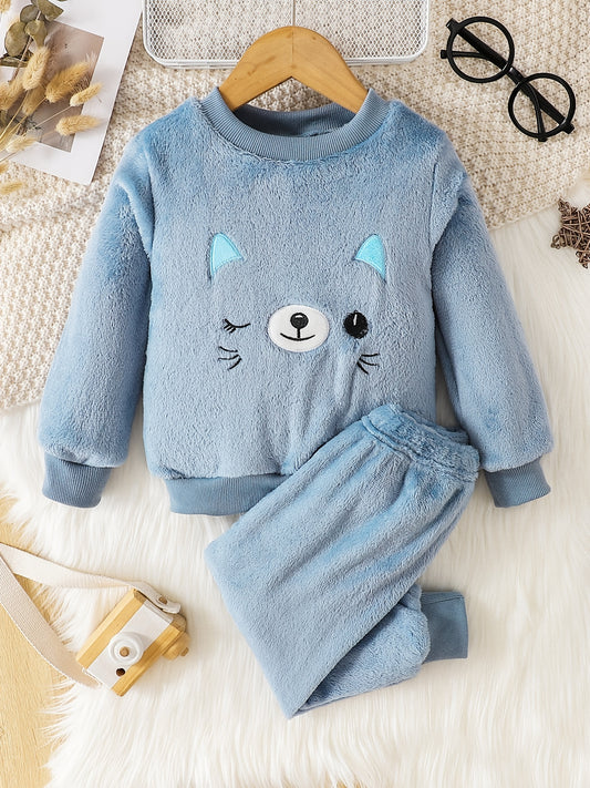 Cartoon Cat Long Sleeve Warm Fleece Pajama Set
