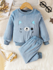 Cartoon Cat Long Sleeve Warm Fleece Pajama Set