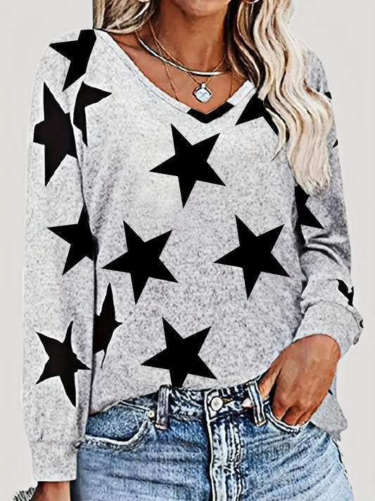 Star Print V Neck Sweatshirt Casual Long Sleeve Pullover for Spring & Fall