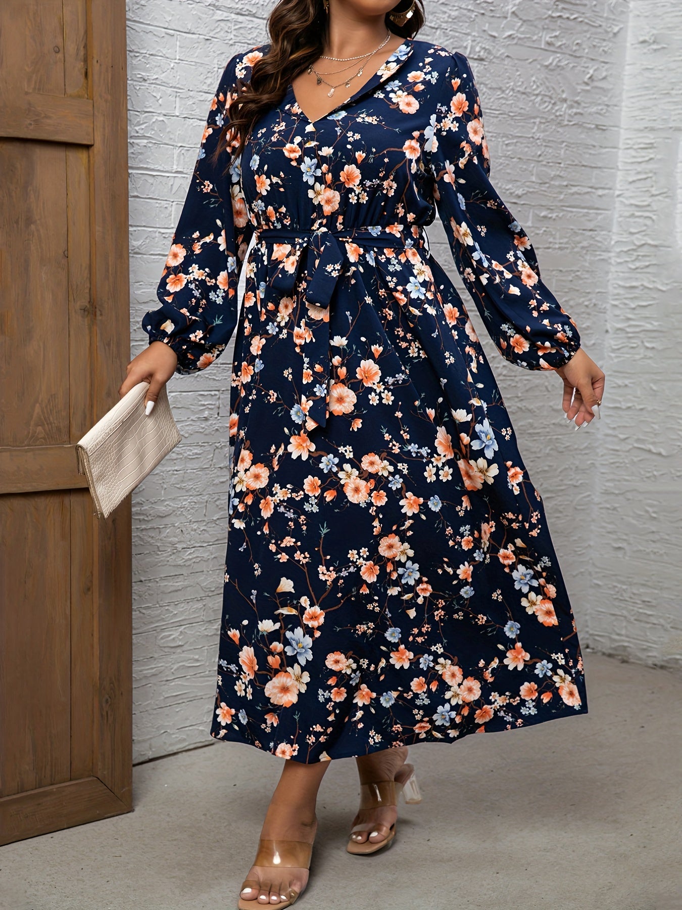  Floral Print Long Sleeve Maxi Dress With Belt