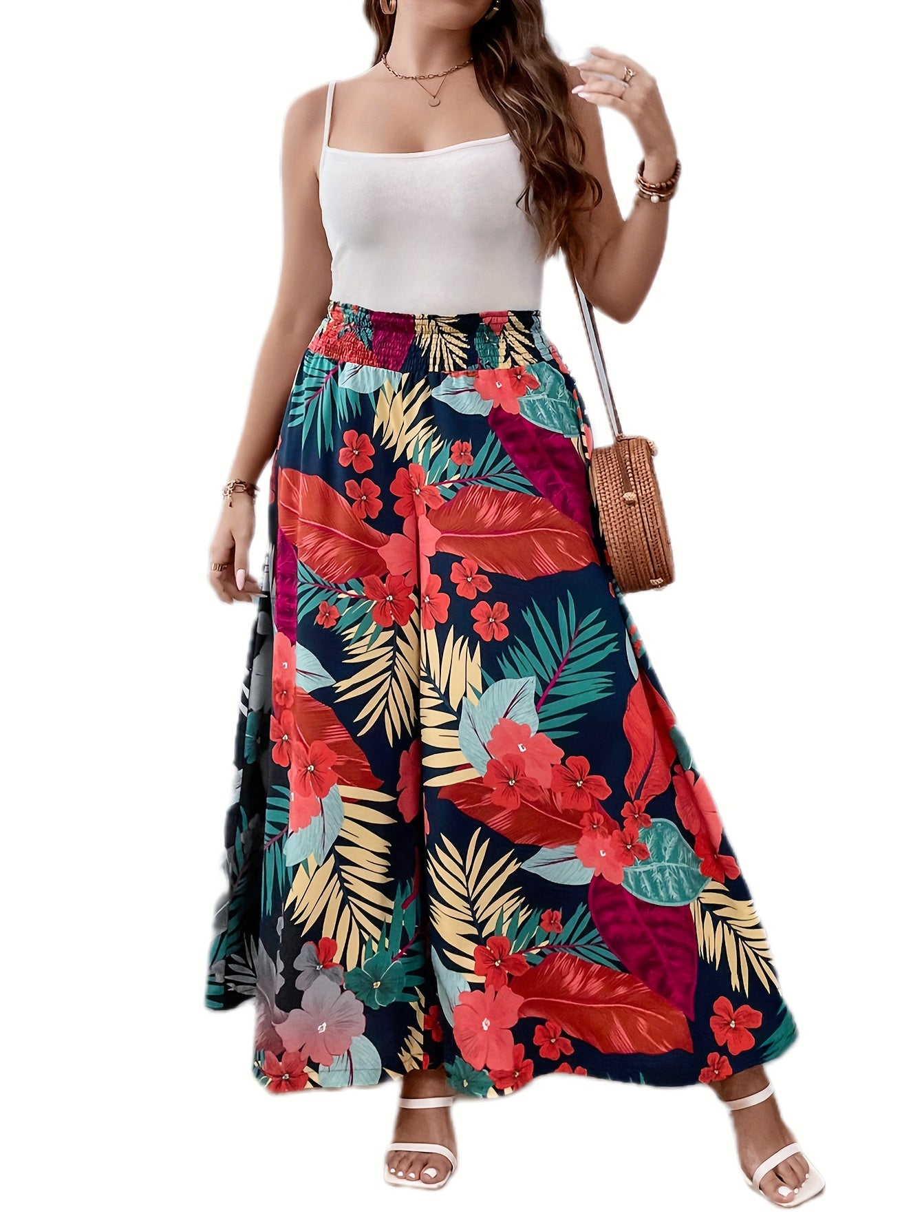  Tropical Print Wide Leg Trousers