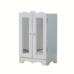 Wooden Dolls Wardrobe with 6 Hangers & Mirror