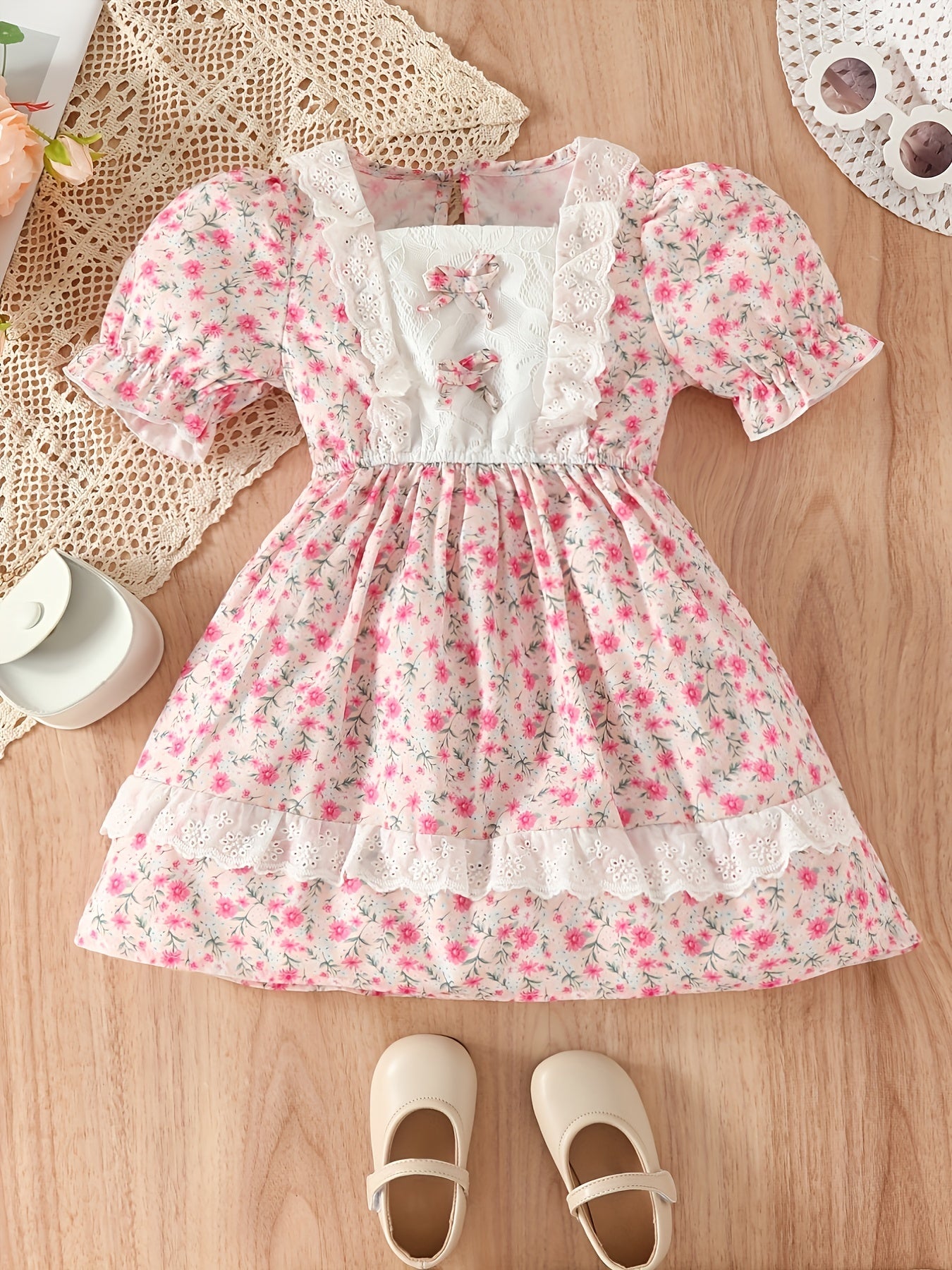 Girls Flower Print Puff Sleeve Dress for Party