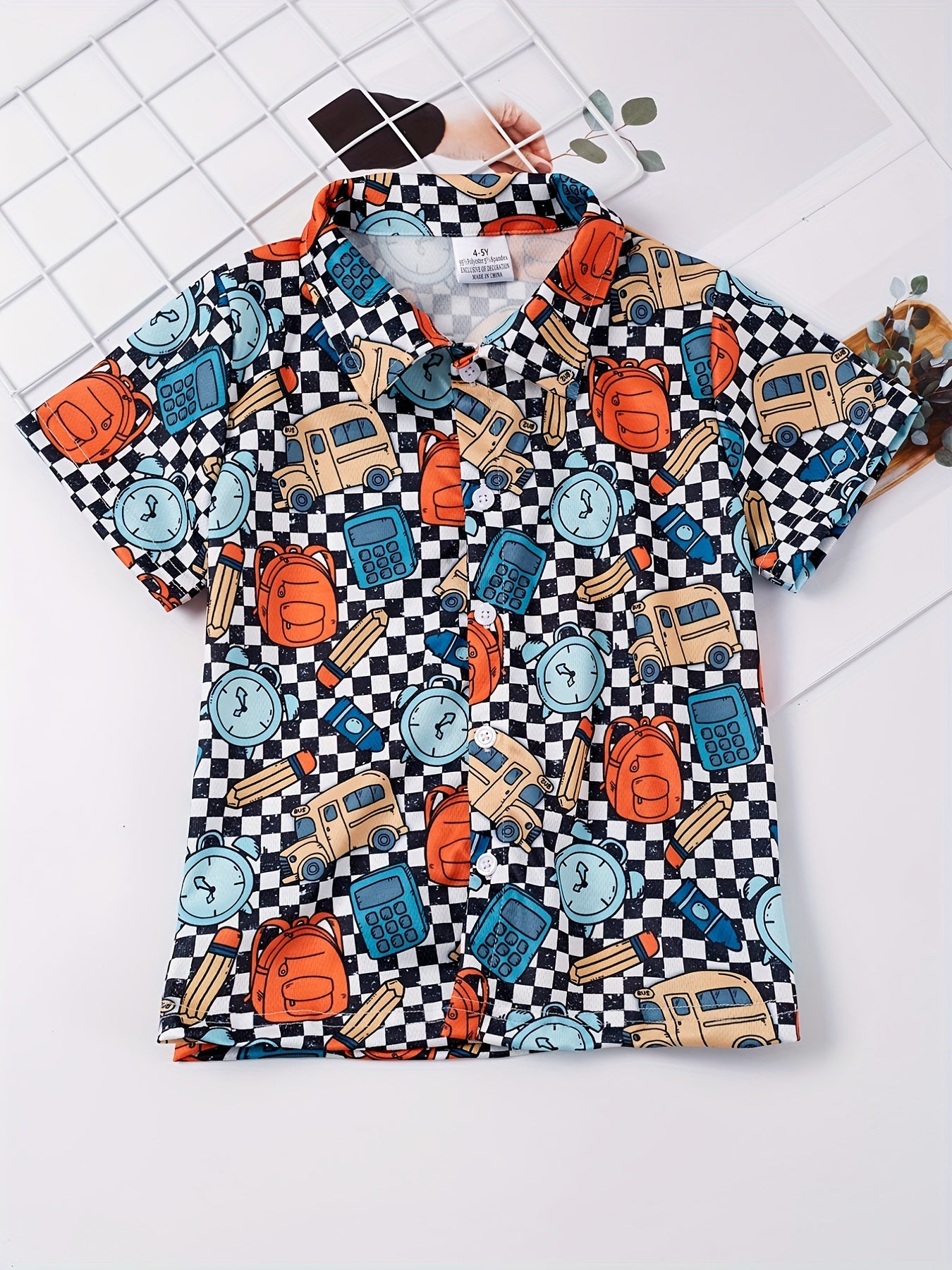 Boys School Bus Schoolbag Pencil Calculator Alarm Clock Short Sleeves Shirt